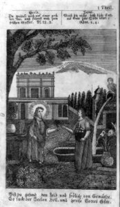 Illus. opp. p.1, showing Jesus telling woman in garden if you have a healthy body and are in good spirits, then search for the redemption of your soul and praise the goodness of God LCCN2005676053
