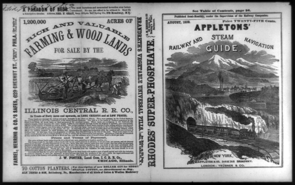 Illustrated cover and back page advertisement from Appleton's railway and steam navigation guide LCCN92501039