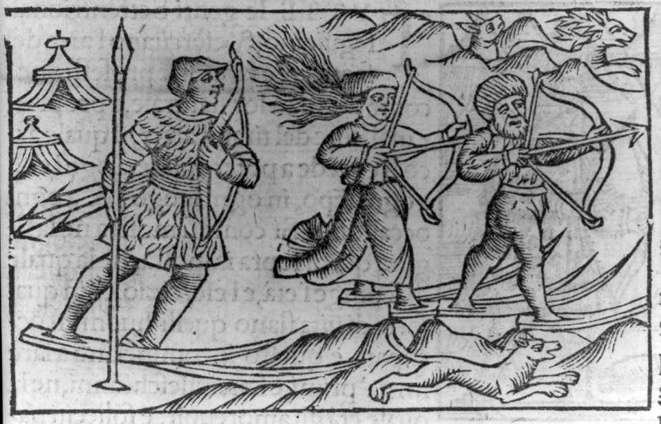 Illustration of activities of Lapps and Finns- Men and women hunting with bows and arrows on snowshoes; women hunt...as nimbly...or more than men LCCN2007681141