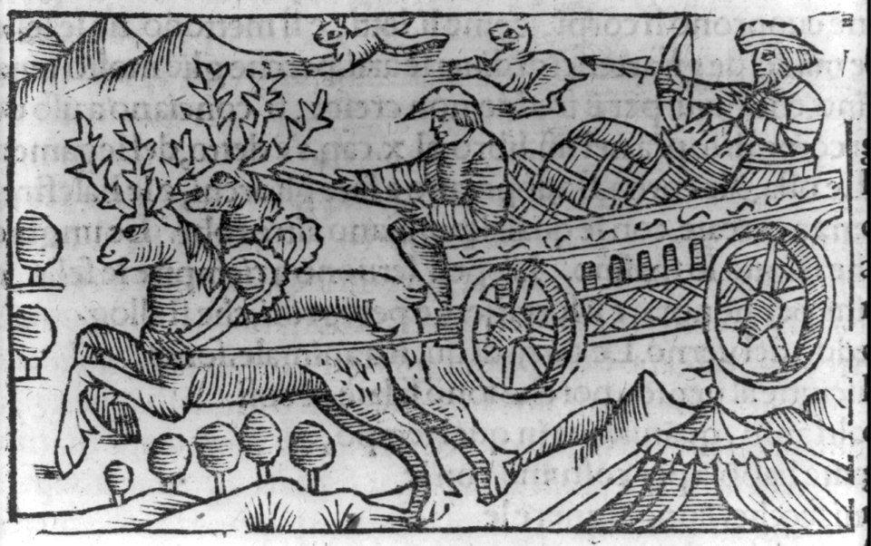 Illustration of activities of Lapps and Finns- reindeer pair drawing loaded wagon; 1 man driving & the other shooting rabbits with bow & arrow LCCN2007681145