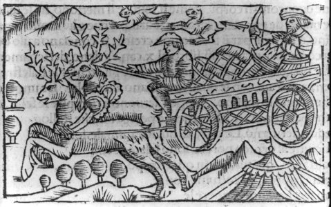 Illustration of activities of Lapps and Finns- reindeer pair drawing loaded wagon; 1 man driving & the other shooting rabbits with bow & arrow LCCN2007681145