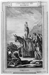 Illustration of ancient fable of men worshipping an ass bearing a religious relic LCCN2007675607