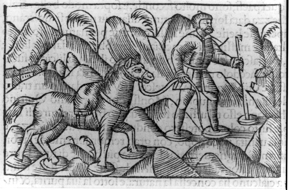 Illustration of activities of Lapps and Finns- Man & horse on snowshoe baskets in mountains LCCN2007681140