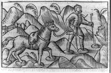 Illustration of activities of Lapps and Finns- Man & horse on snowshoe baskets in mountains LCCN2007681140