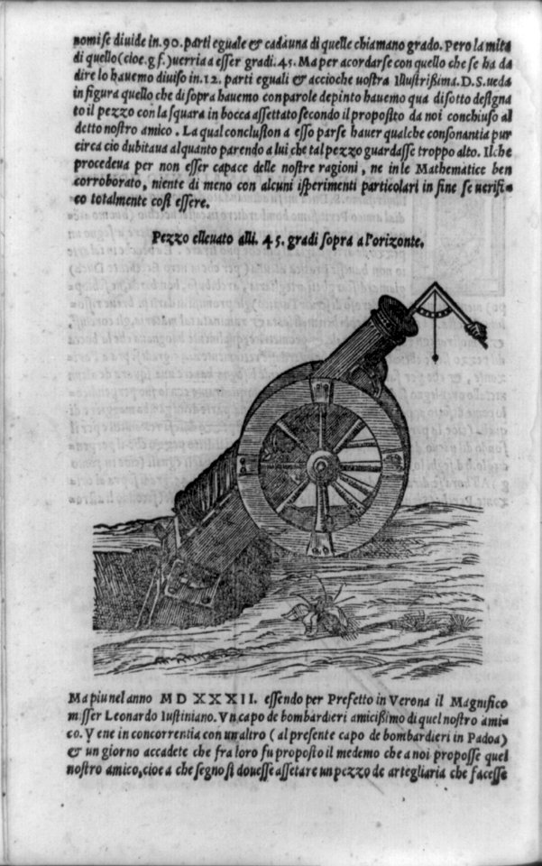 Illustration of ballistics showing cannon with Tartaglia's gun quadrant to measure its angle of elevation; and surrounding text LCCN92518416