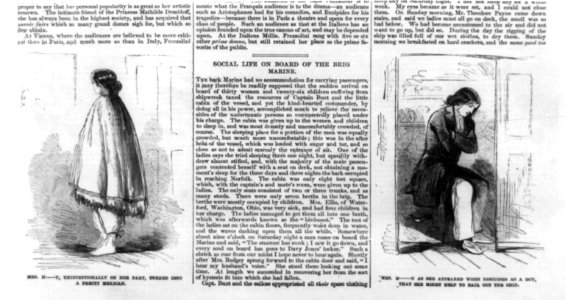Illustrations of 2 women on board the brig MARINE, after the sinking of the CENTRAL AMERICA- 1. Mrs. H-t, unintentionally on her part, turned into a pretty Mexican, wearing serape; 2. Mrs. LCCN2003653704