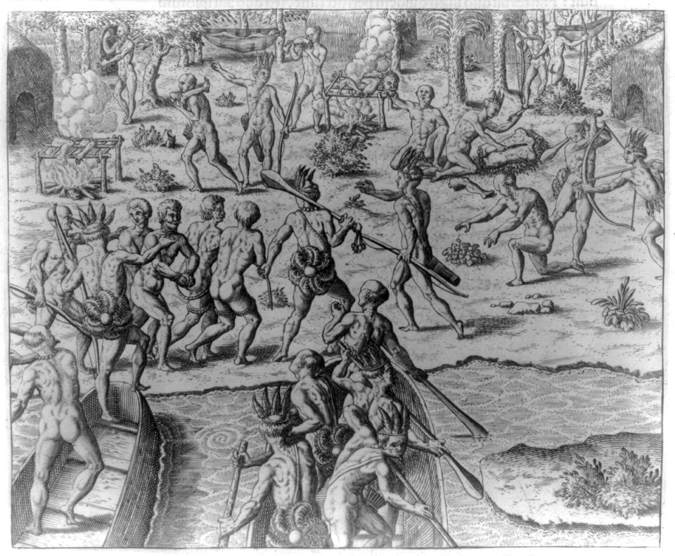 Illustrations of Johannes Staden's description of the Tuppin Inwa Indians- European prisoners being fried and eaten by the Tuppin Inwa LCCN2007677256