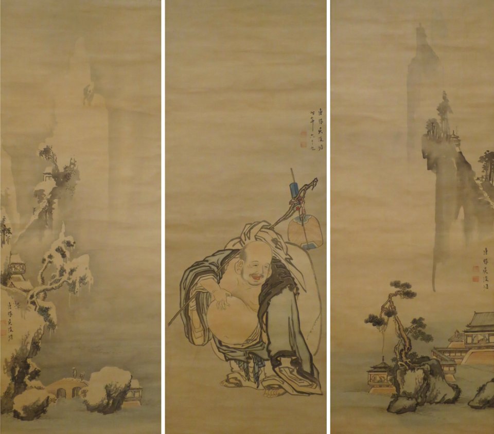 Hotei with Summer and Winter Landscapes, triptych by Igarashi Shunmel 