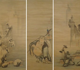 Hotei with Summer and Winter Landscapes, triptych by Igarashi Shunmel 