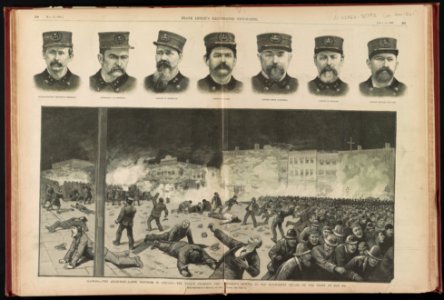 Illinois - The anarchist-labor troubles in Chicago The police charging the murderous rioters in old Haymarket Square on the night of May 4th - - from sketches by C. Bunnell and Chas Upham. LCCN96506773