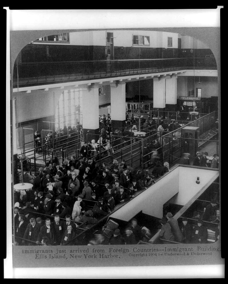 Immigrants just arrived from Foreign Countries-Immigrant Building, Ellis Island, New York Harbor LCCN97501095