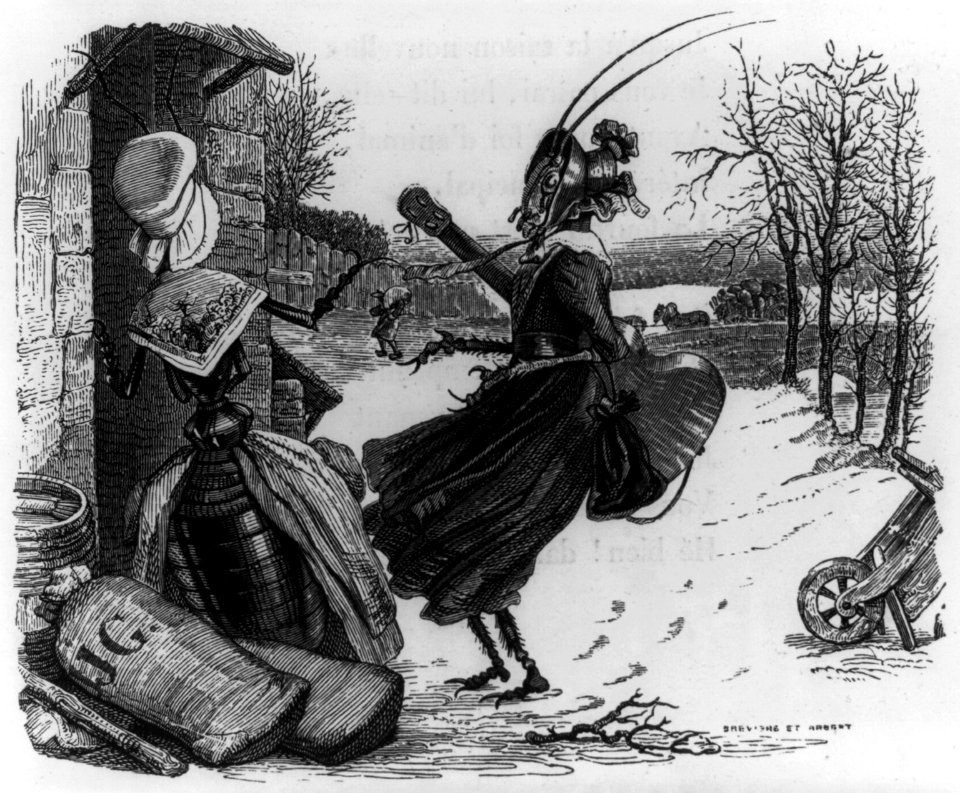 Illus. of fable The ant and the grasshopper, showing two insects dressed as women, one holding a guitar LCCN2006691932