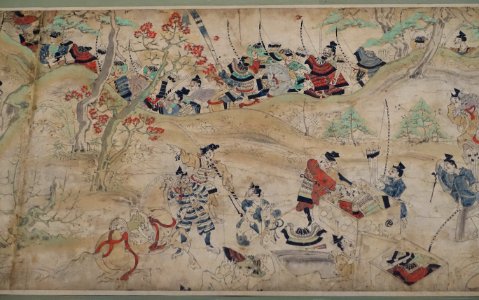 Illustrated scroll of Tale of Warrior Obusuma Saburo, 3 of 5, Japan, Kamakura period, 1200s AD, color on paper - Tokyo National Museum - Tokyo, Japan - DSC09340