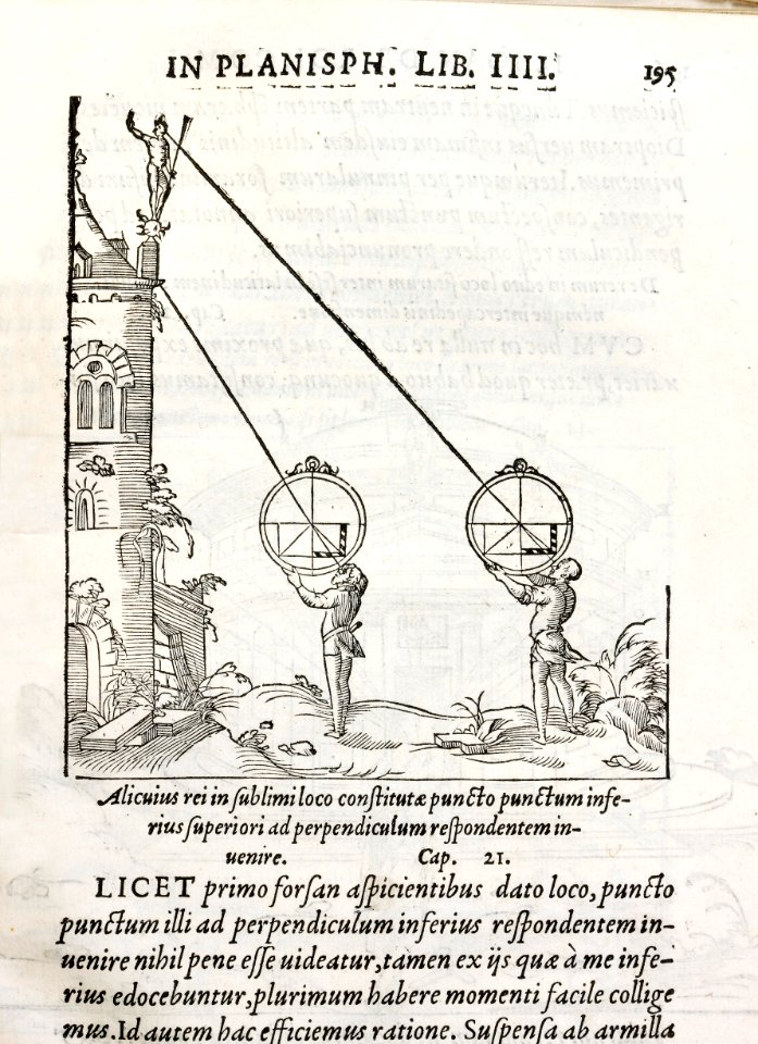 Illustration, män som mäter avstånd. Bok. Träsnitt. Vetenskapliga instrument - Skoklosters slott - 87093