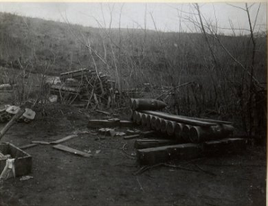 Im Gesträuch versteckte itl.Verschläge.u.offene Munition. Podgorahöhe.Ende April 1918. (BildID 15664530)