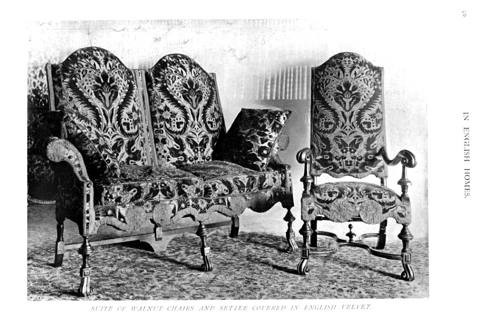 In English Homes Vol 2 Hornby Castle Yorkshire suite of walnut chairs and settee covered in english velvet 31295007279283 0125