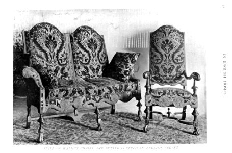 In English Homes Vol 2 Hornby Castle Yorkshire suite of walnut chairs and settee covered in english velvet 31295007279283 0125