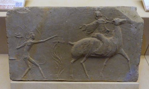 Immortal riding a deer, China, collected at Jiuchi, Pengzhou City, Eastern Han dynasty, 25-220 AD, tomb tile - Sichuan Provincial Museum - Chengdu, China - DSC04800