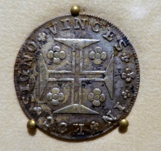 IN HOC SIGNO VINCES, Portuguese reis coin, silver - Bank of Montréal Museum - Bank of Montreal, Main Montreal Branch - 119, rue Saint-Jacques, Montreal, Quebec, Canada - DSC08425 photo