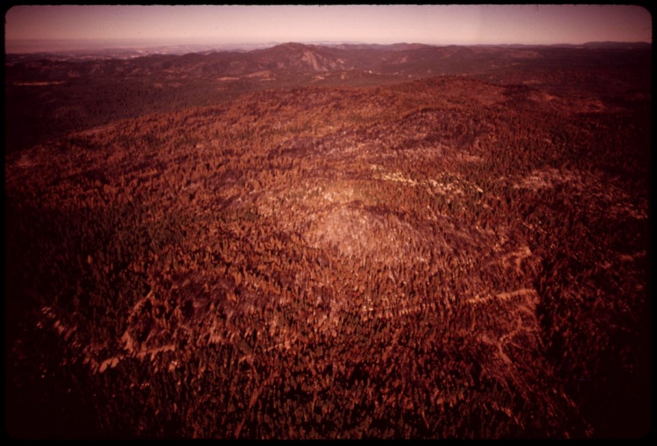 In-august-1973-a-major-forest-fire-swept-through-17470-acres-of-the-western-slopes-of-the-sierra-mountain-range-near-sonora-burn-area-granite-fire-seen-from-the-air-visible-road-is-now-used-for-logging-september-1973 7153184375 o