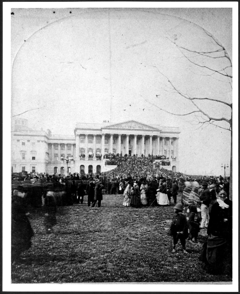 Inauguration of President Hayes, showing Senate wing of the U.S. Capitol and the crowd on the lawn before it, March 5, 1877 LCCN00650939