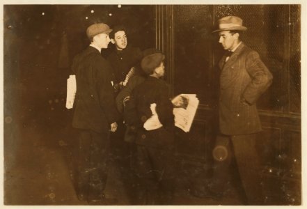 In foreground-14 yrs. old Nathan Weis. He comes all the way from East New York in Brooklyn (435 W. Jersey St.) to sell pages at the 14th St. Subway entra(n)ce. St. 11 P.M. with one LOC nclc.03624