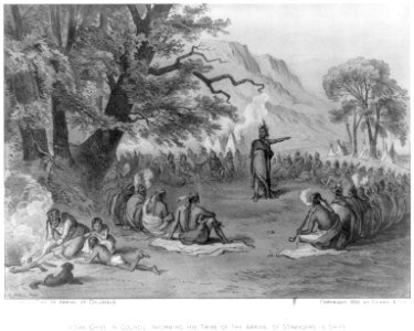 Indian chief in council informing his tribe of the arrival of strangers in ships (Columbus) LCCN2003680405