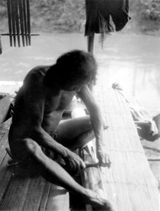 Indian arbetar med fiberskrapning. Jfr. foto 4330. Rio Baudó, Chocó, Colombia. Chocó, Rio Baudó - SMVK - 004331