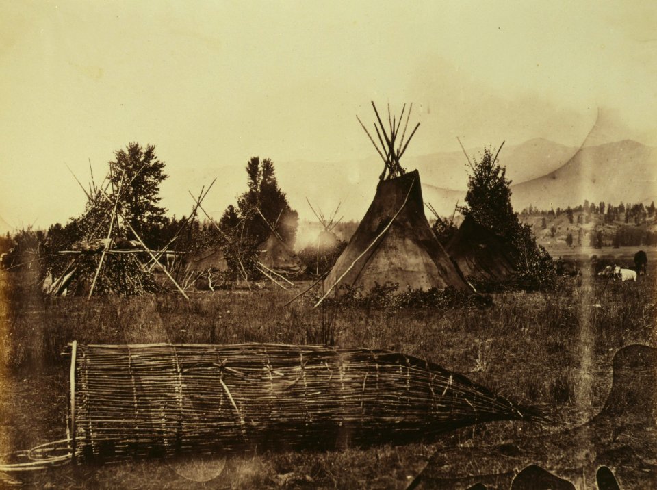 Indian encampment, Tobacco Plains, Kootenay (i.e., Kootenai) River - fish trap in the foreground, 1861 LCCN2003668216 (cropped)