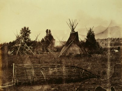 Indian encampment, Tobacco Plains, Kootenay (i.e., Kootenai) River - fish trap in the foreground, 1861 LCCN2003668216 (cropped) photo
