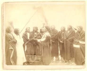 Indian chiefs who counciled with Gen. Miles and setteled (sic) the Indian War - 1. Standing Bull, 2. Bear Who Looks Back Running (Stands and Looks Back), 3. Has the Big White Horse, 4. White LCCN99613797