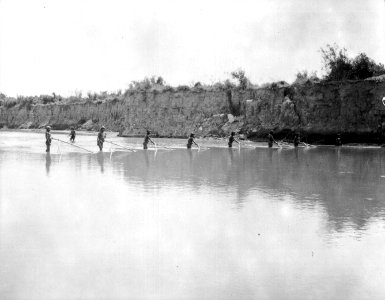 Indianer med spärrnät i floden. Rio Pilcomayo, Bolivianska Chaco. Rio Pilcomayo, Gran Chaco - SMVK - 004693