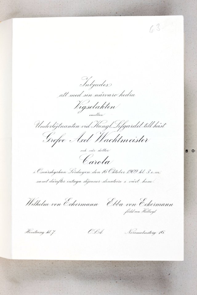 Inbjudan till Carola och Axel Wchtmeisters bröllop - Hallwylska museet - 87352