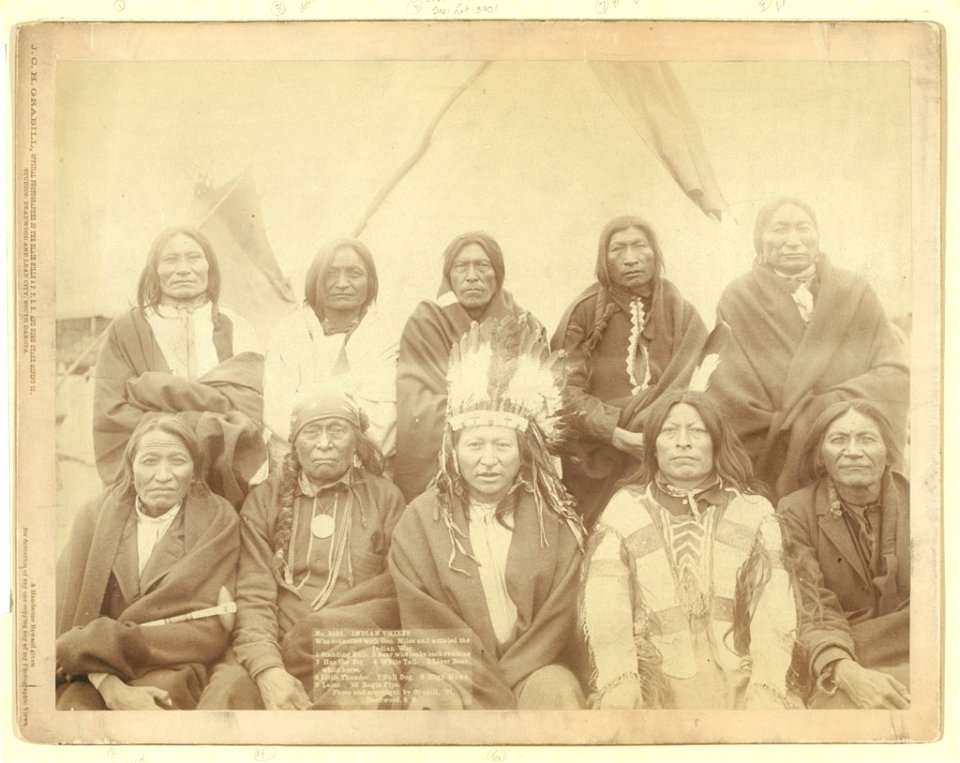 Indian chiefs who counciled with Gen. Miles and setteled (sic) the Indian War - 1. Standing Bull, 2. Bear Who Looks Back Running (Stands and Looks Back), 3. Has the Big White Horse, 4. White LCCN99613798