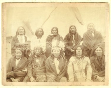 Indian chiefs who counciled with Gen. Miles and setteled (sic) the Indian War - 1. Standing Bull, 2. Bear Who Looks Back Running (Stands and Looks Back), 3. Has the Big White Horse, 4. White LCCN99613798