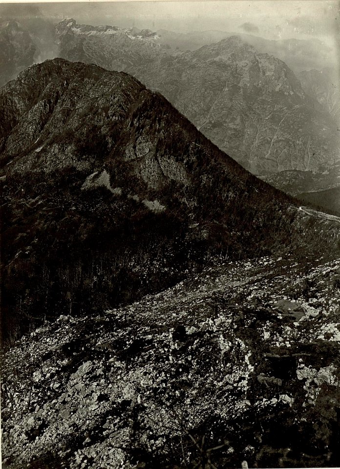 Infanterie Stellung von der Turmstellung zum Sattel. Mitte Javorcek, Hintergrund Confinkette und Rombon. (BildID 15462889)