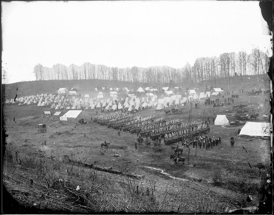 Infantry regiment in camp. (Probably 96th Pennsylvania Infantry at Camp Northumberland near Washington, DC, ca. 1861)... - NARA - 524905