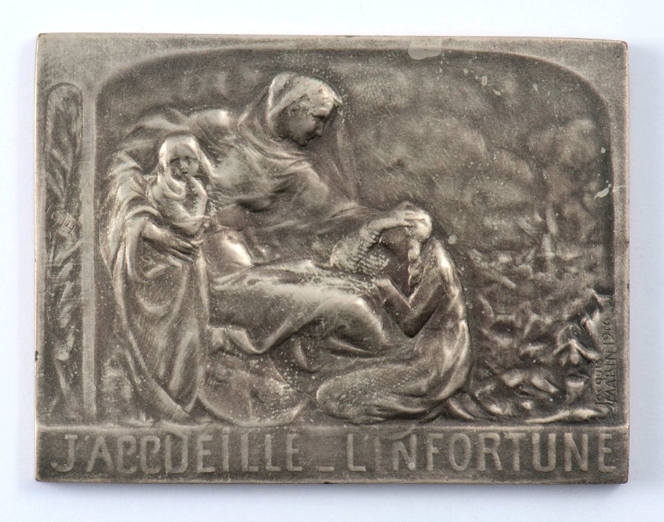 J'Accueille l'Infortune 1914, plaquette by Jacques Marin (1877-1950), Belgium, 1916, Coins and Medals Department of the Royal Library of Belgium, 2Lef67 - 37 (recto)