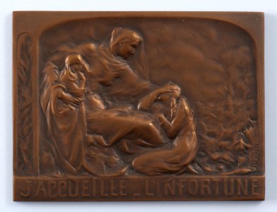 J'Accueille l'Infortune 1914, plaquette by Jacques Marin (1877-1950), Belgium, 1916, Coins and Medals Department of the Royal Library of Belgium, 2Lef67 - 39 (recto)