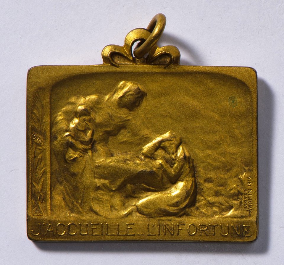 J'Accueille l'Infortune 1914, medal by Jacques Marin (1877-1950), Belgium, 1916, Coins and Medals Department of the Royal Library of Belgium, 2Lef 58 - 22 (recto)