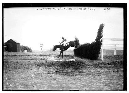 J.C. Wilmerding riding Mystery, jumping hedge, Plainfield Horse Show LCCN2014683936