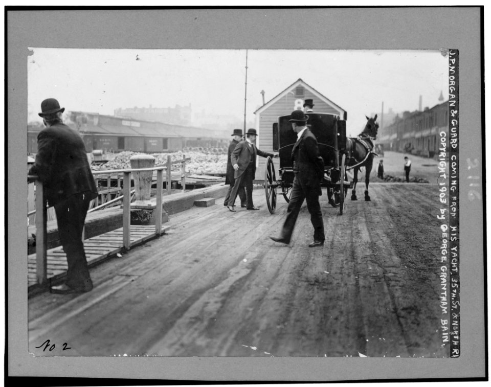 J.P. Morgan & guard coming from his yacht, 35th St. & North R. LCCN95509700