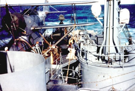 J2F-6 and NHS-1 lashed aboard ship during Op Highjump 1946
