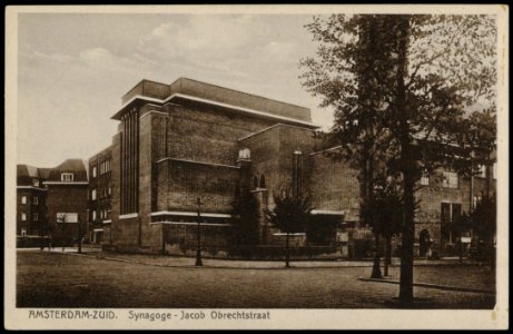 Jacob Obrechtstraat hoek Frans van Mierisstraat met Joodse Synagoge. Uitgave Mij. Rembrandt, Utrecht, Afb PRKBB00482000006
