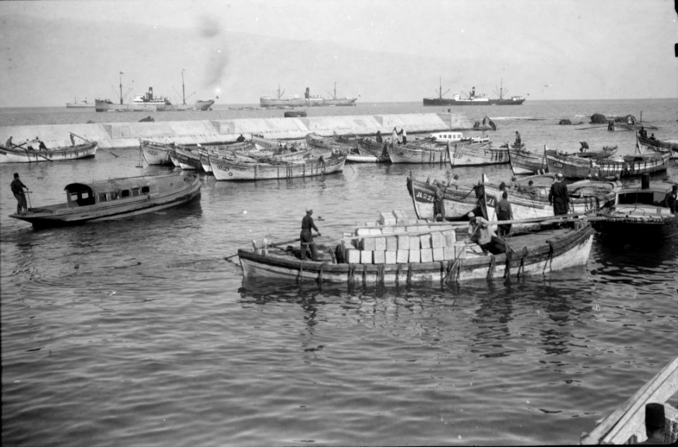 Jaffa orange culture. Coasting boat being loaded with oranges LOC matpc.22576