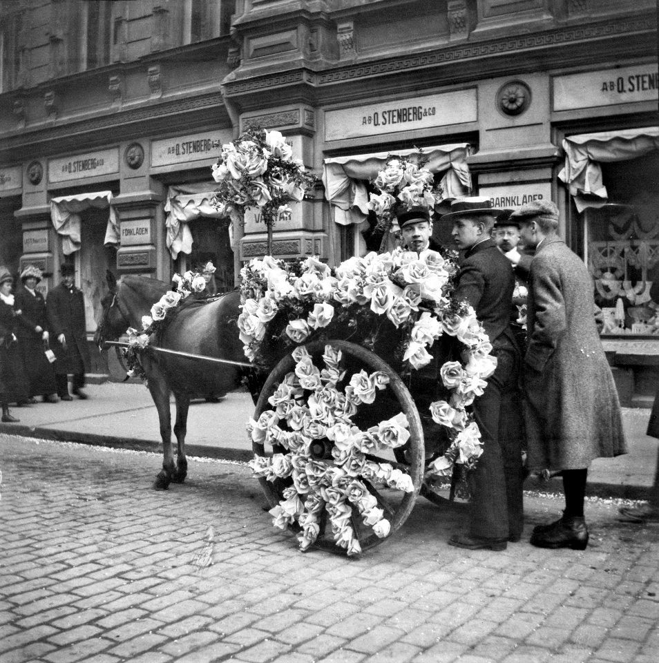 Kukitetut hevosajoneuvot Pohjois Esplanaadikadulla vappuna 1912 - N2068 (hkm.HKMS000005-000001id)
