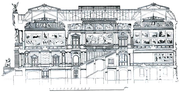 Kunsthalle in Düsseldorf, erbaut 1878 bis 1881 von Ernst Giese und Paul Weidner, Querschnitt