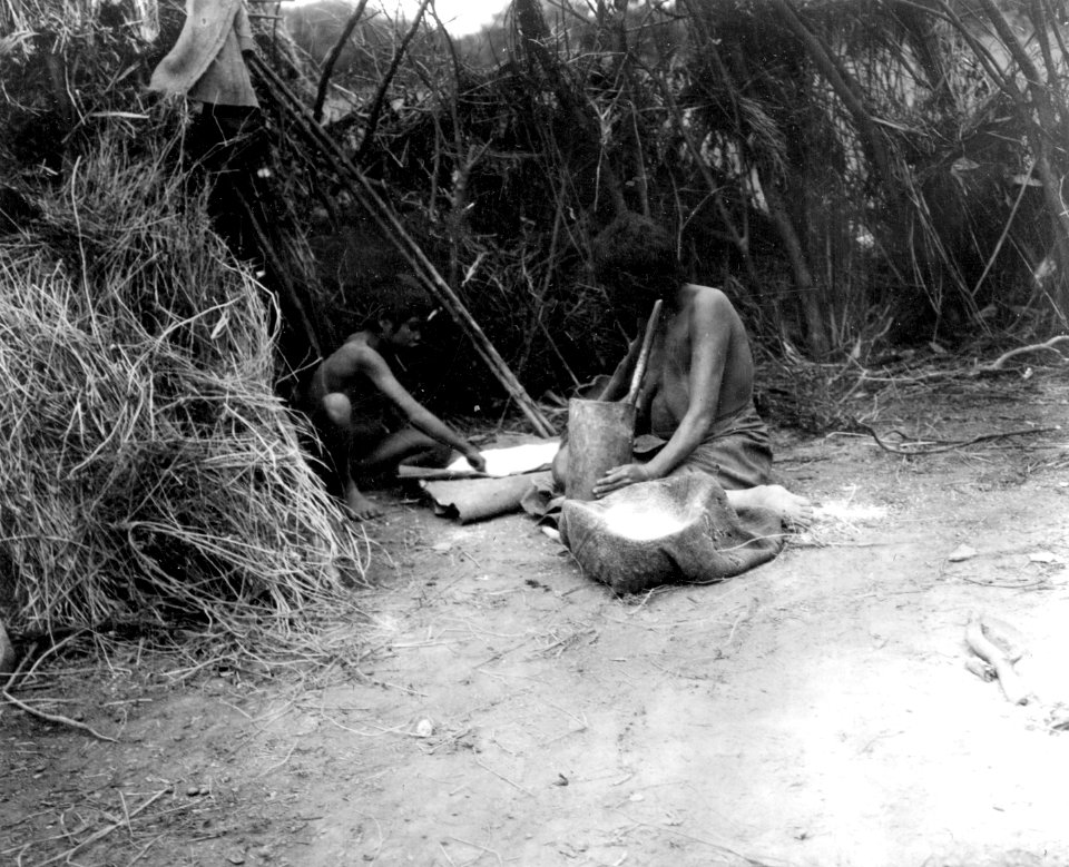 Kvinnor som mala algarrobomjöl. Bredvid kvinnorna en hög mjöl på en matta av skinn. 2 fotos - SMVK - 004734