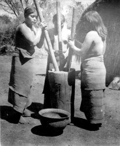Kvinnor stöta majs i mortel. Lokal, Rio Parapiti, Bolivia. Stam, Chané - SMVK - 004979