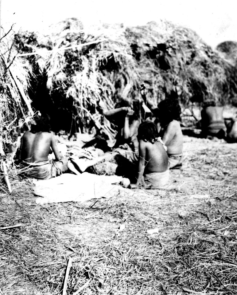 Kvinnor vid hydda. Bolivianska Chaco. Rio Pilcomayo, Gran Chaco - SMVK - 004670